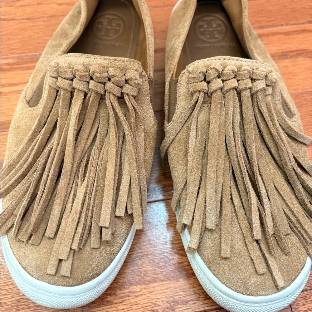 Tory Burch Brown Suede Fringe Slip-On Sneakers